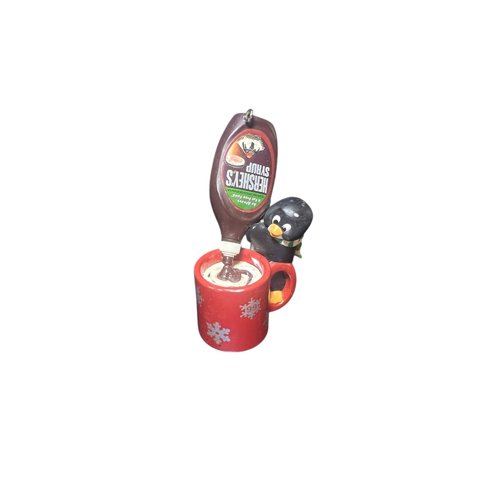 VTG 1999 Hallmark Hershey's Syrup Penguin Coffee Mug Christmas Ornament Keepsake